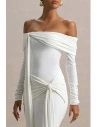 Jovie | White Bardot Wrap Maxi Dress With Sash Detail - 2