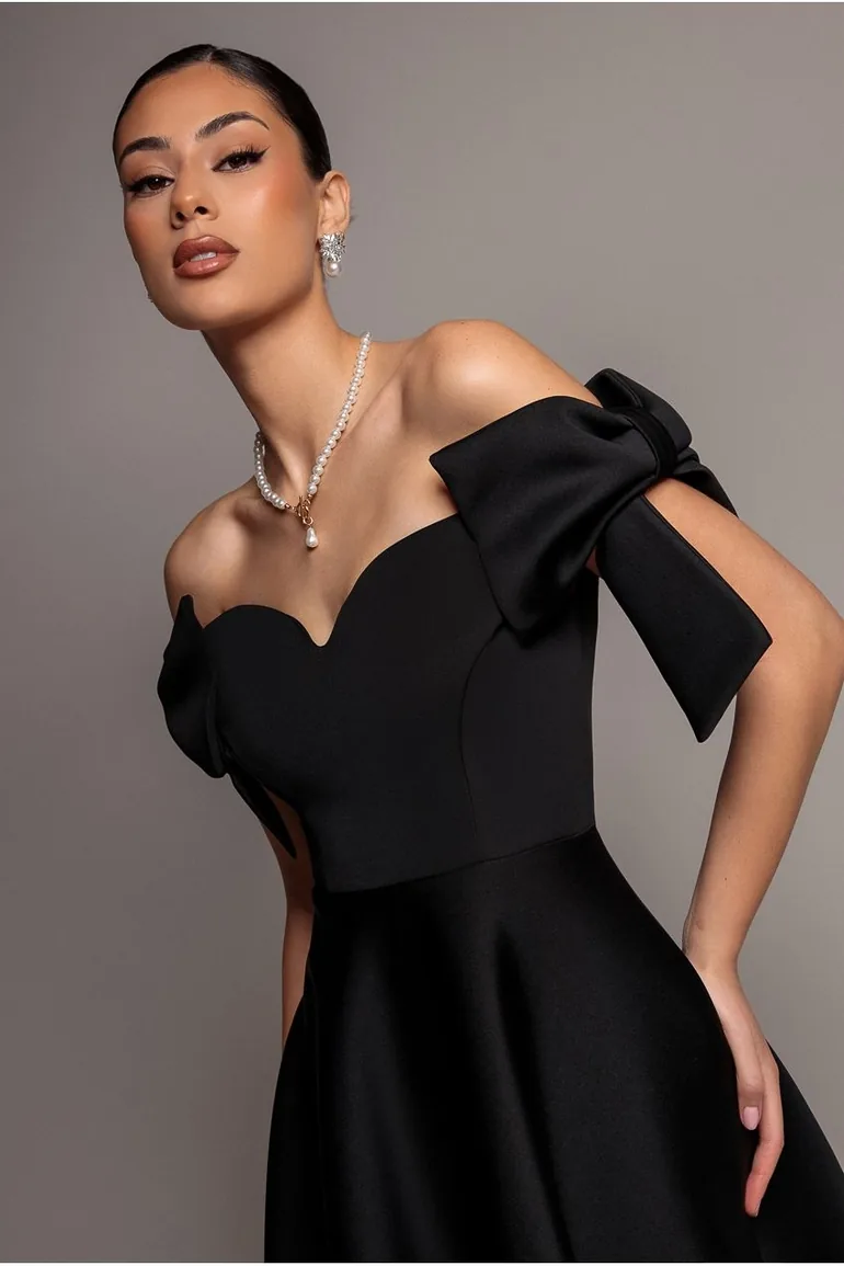 Bardot Plunge Neck Bow Sleeve A Line Midi Dress - Black by Goddiva - 1