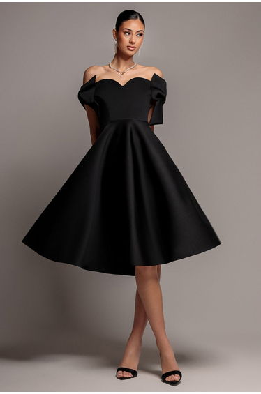 Bardot Plunge Neck Bow Sleeve A Line Midi Dress - Black by Goddiva