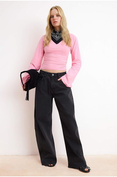 Pink Spanish Sleeve Gathered Detailed Regular Fit Knitted Blouse