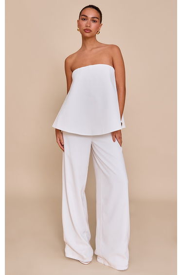 White Structured Woven Peplum Straight Leg Jumpsuit