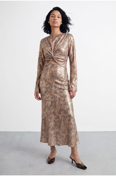 Metallic Twist Front Cut Out Bias Cut Midi Dress