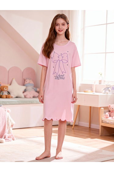 Girls Bow Print Short Sleeve Nightdress
