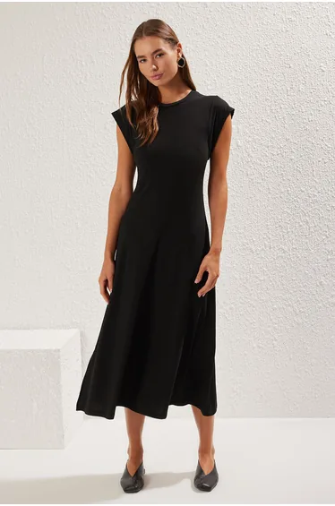 Black Plain Maxi Camisole A-line Sleeveless Ribbed Stretch Knit Dress