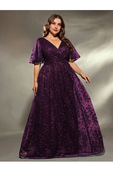 Leely Plus Women's Elegant V Neck Flounce Sleeve Party Dress