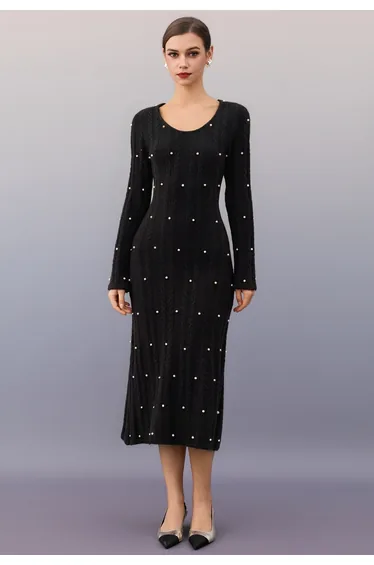 Pearl Trim Scoop Neck Fitted Cable Knit Dress in Black