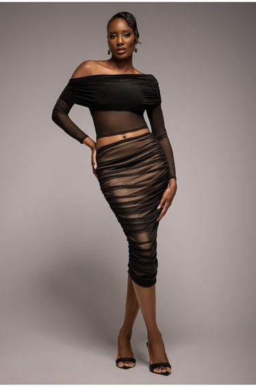 Gathered Side Mesh Midi Skirt - Black by Goddiva