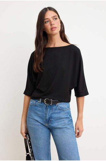Black Relaxed Boat Neck Bat Sleeve Three Quarter Cropped Soft Touch Knitted Blouse