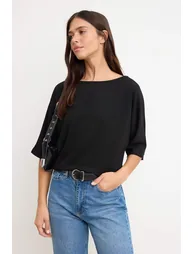 Black Relaxed Boat Neck Bat Sleeve Three Quarter Cropped Soft Touch Knitted Blouse - 3
