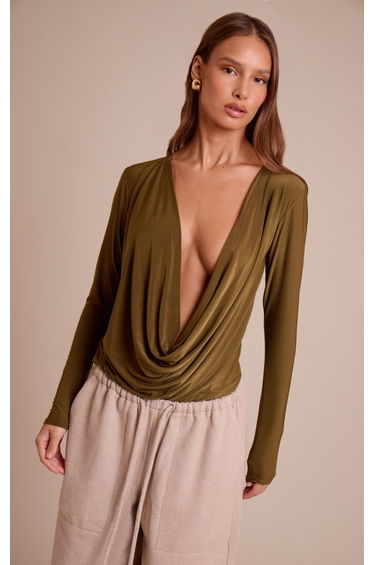 Dark Olive Slinky Cowl Wrap Detail Long Sleeve Top