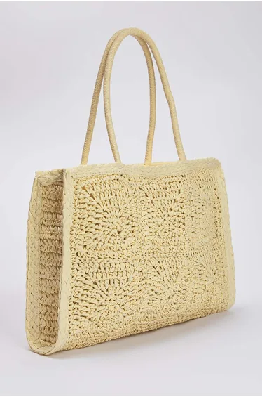Beige Wicker Hand Knitted Women's Maxi Shoulder Bag
