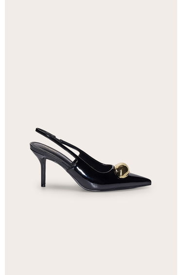 Black Patent Gold Dome Trim Sling Back Court Heels