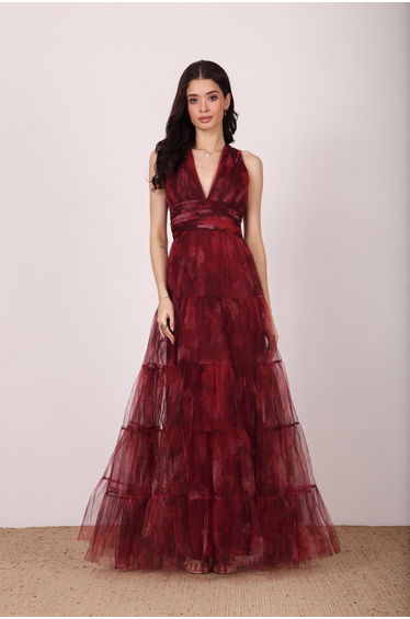 Candace Maxi Dress in Deep Red Floral