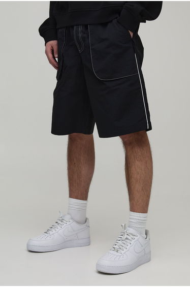 Baggy Long Length Contrast Stitch Nylon Short - black