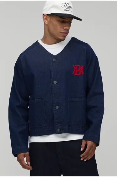 Oversized Varsity Embroidered Denim Baseball Shirt - indigo