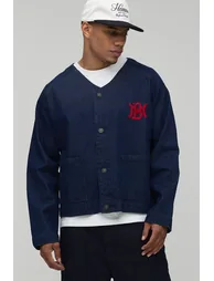 قميص بيسبول دينيم بتصميم واسع بتطريز فارسيتي - كحلي