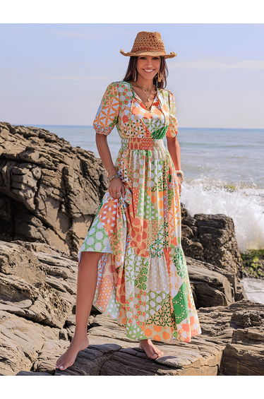 All Over Print Tiered Maxi Dress with Tie-up Neck