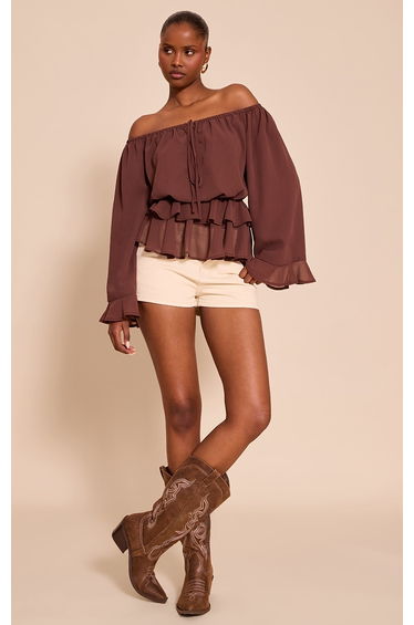 Chocolate Chiffon Bardot Frill Detail Long Sleeve Top