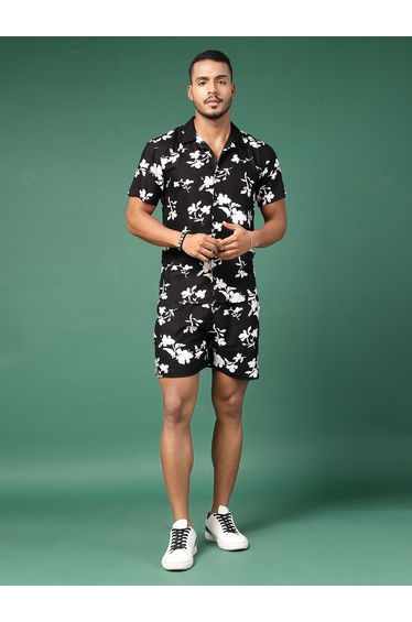 Men Black Floral Shirt and Shorts Co-ords