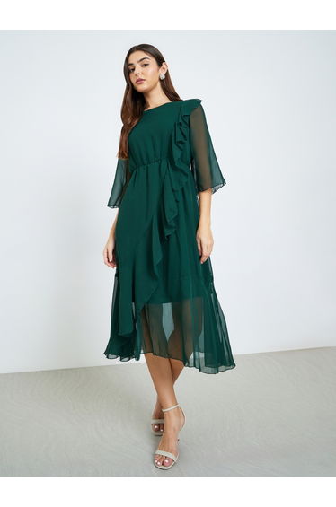 Green A-Line Midi Dress with Ruffle Detail