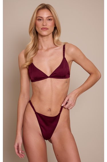 Burgundy Satin Triangle Bralet and Thong Set
