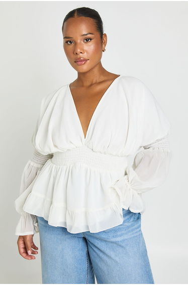 Plus V Neck Blouson Sleeve Volume Smock Top - ivory