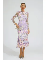 فستان بتطريز بأزهار - أرجواني - 1