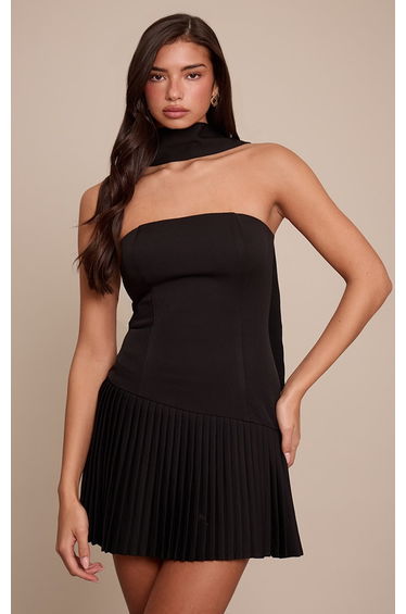 Black Bandeau Scarf Detail Pleated Mini Dress