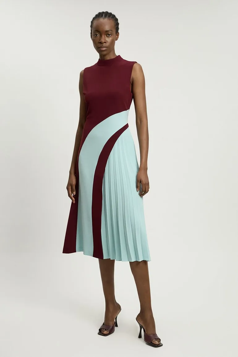 Soft Tailored Colour Block High Neck Pleated Midi Dress