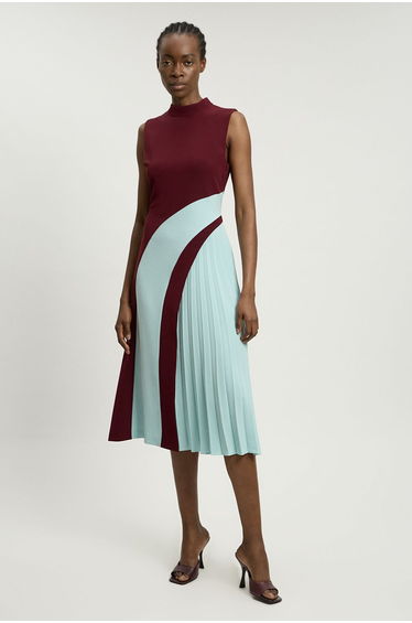 Soft Tailored Colour Block High Neck Pleated Midi Dress