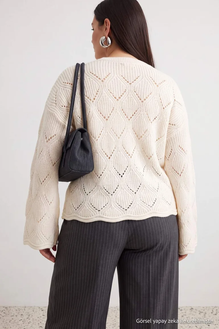 Ecru Openwork/Hollow Out Knitwear Sweater - 3