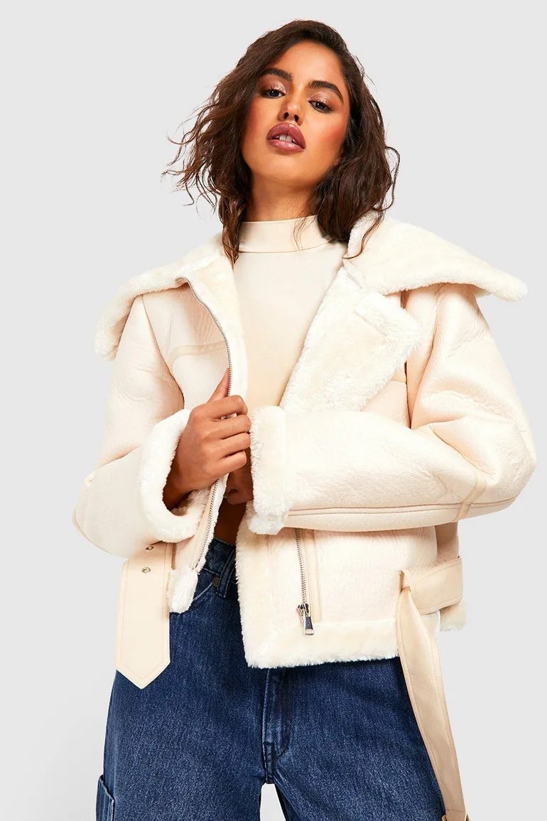 Bonded Faux Fur Pu Aviator - cream