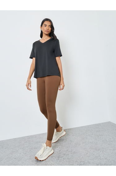 Women Brown Leggings with Elastic Waistband