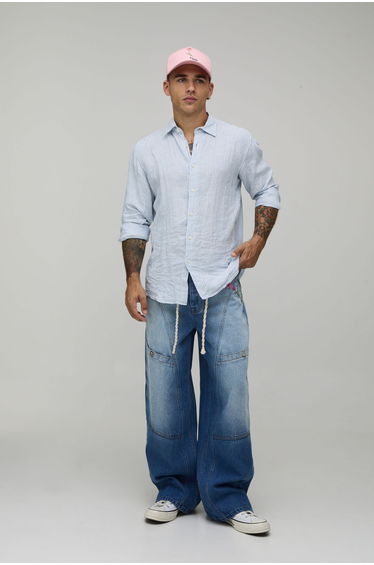 Baggy Rigid Floral Rope Belt Jeans - blue