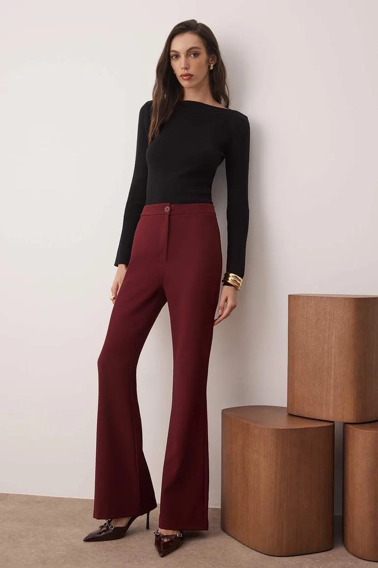 Burgundy Flare Bell-bottom Woven Trousers TOF
