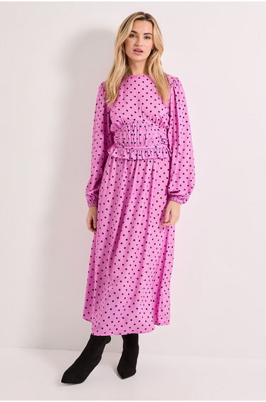 Gathered Waist Detail Blouson Sleeve Printed Midi Dress