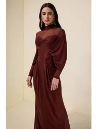 فستان ماكسي جيرسية مزموم بأكمام طويلة - 4