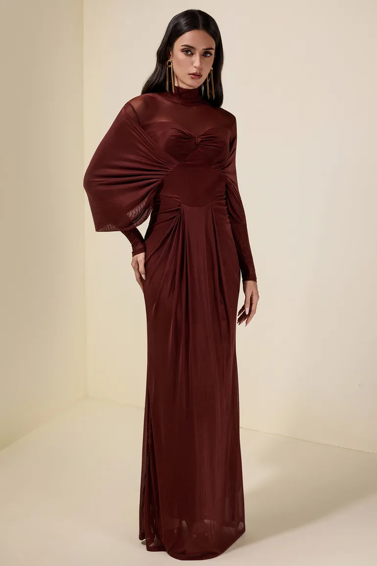 فستان ماكسي جيرسية مزموم بأكمام طويلة - 2