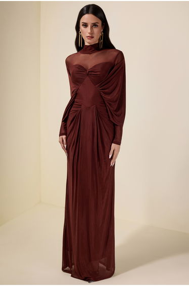Jersey Solid Ruched Long Sleeve Maxi Dress