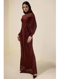 فستان ماكسي جيرسية مزموم بأكمام طويلة - 1