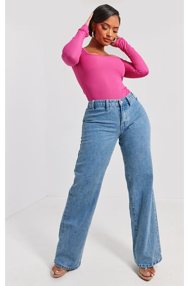 Shape Hot Pink Rib Long Sleeve Square Neck Bodysuit