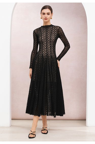 Lace Wavy Long Sleeve Flare Hem Mesh Dress in Black for Bridal Events & Date Night