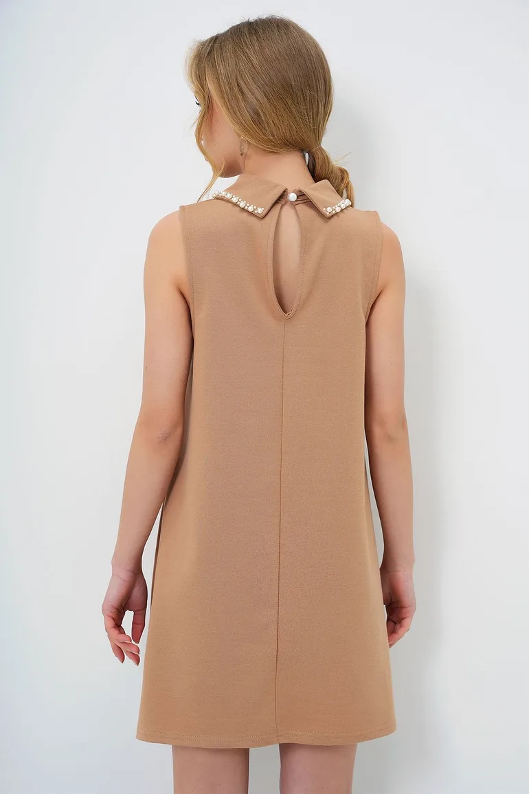 Women's Camel Faux Pearl Collar Sleeveless Basic Dress - 5