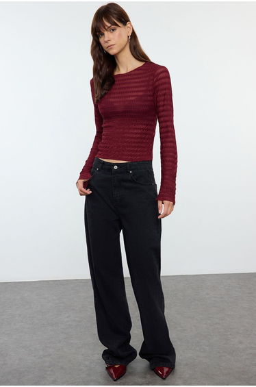 Burgundy Fitted Textured Tulle Stretchy Knitted Top