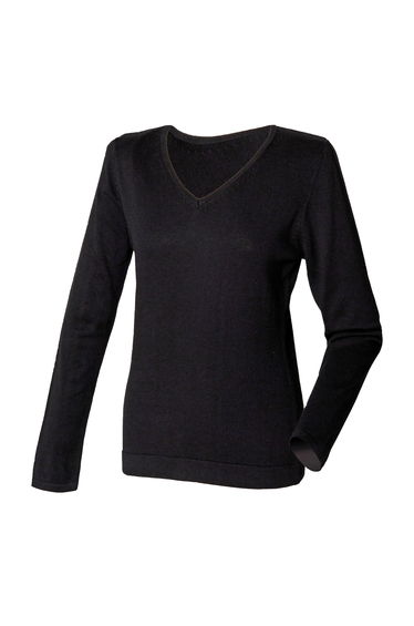 Henbury Womens/Ladies 12 Gauge Fine Knit V-Neck Jumper / Sweatshirt - Black