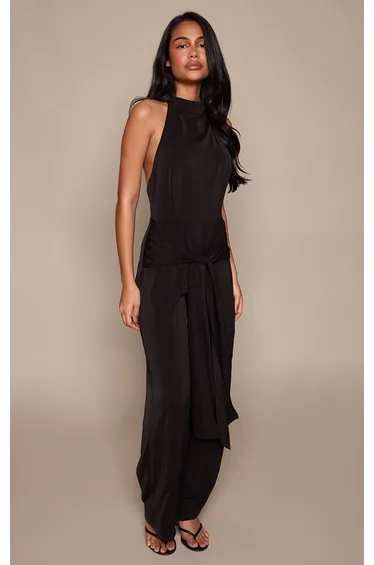 Black Textured Tie Front High Neck Wide Leg Jumpsuit