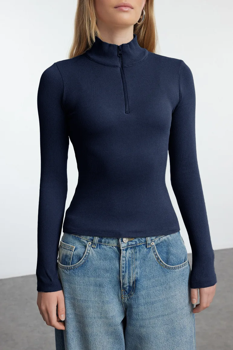 Navy Blue Fitted/Fits the Body Zippered Collar Flexible top - 2