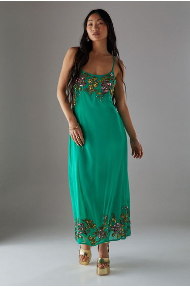 Petite Hand Embellished Strappy Bias Midi Dress