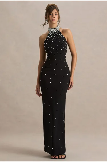 Dani | Black Embellished Halter-Neck Maxi Dress