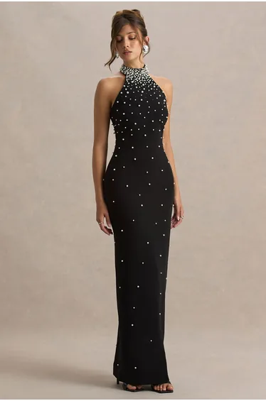 Dani | Black Embellished Halter-Neck Maxi Dress